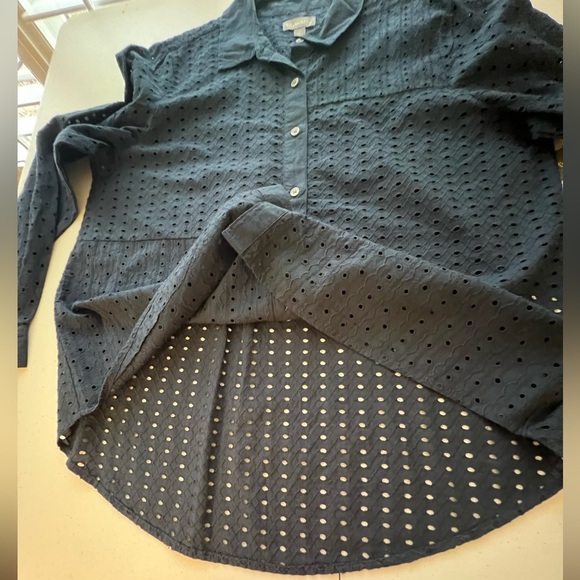 STYLE & CO NAVY BLUE SIZE PXL COTTON  EYELET FRONT & BACK LONG SLEEVE BLOUSE - Picture 2 of 13